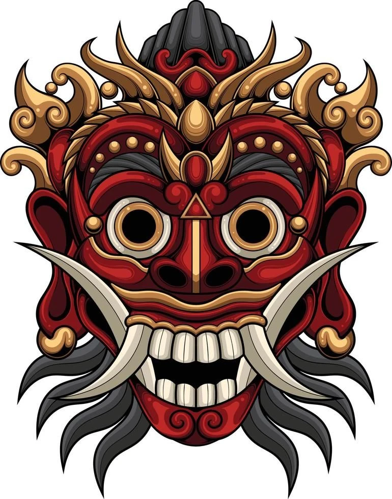 Illustrated Balinese demon mask in red and gold