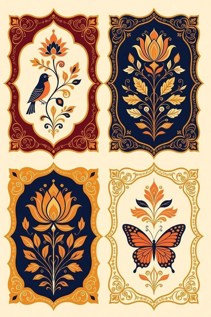 Four ornamental folk-art panels with birds, lotus and butterfly motifs