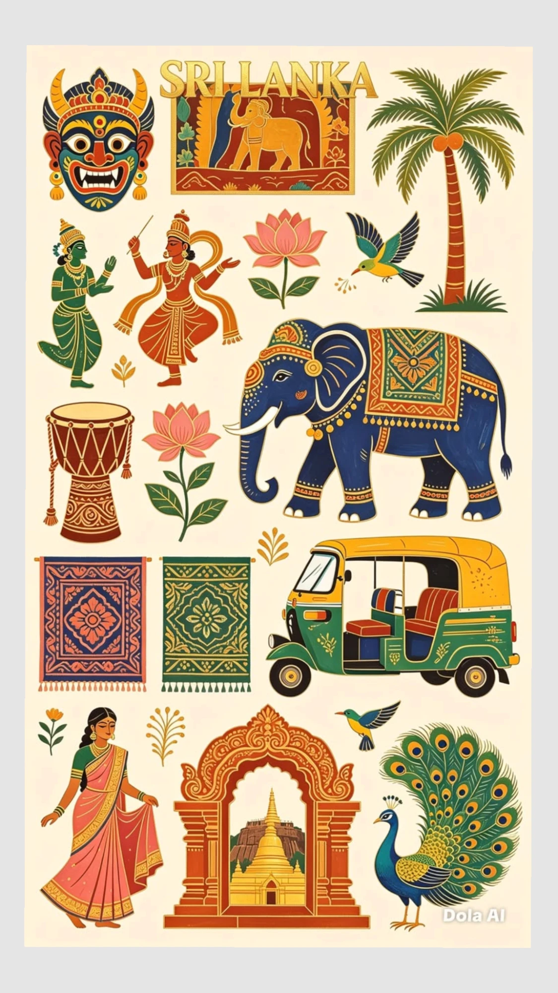 Folk illustration sheet with mask, elephant, lotus, dancers, rickshaw and peacock