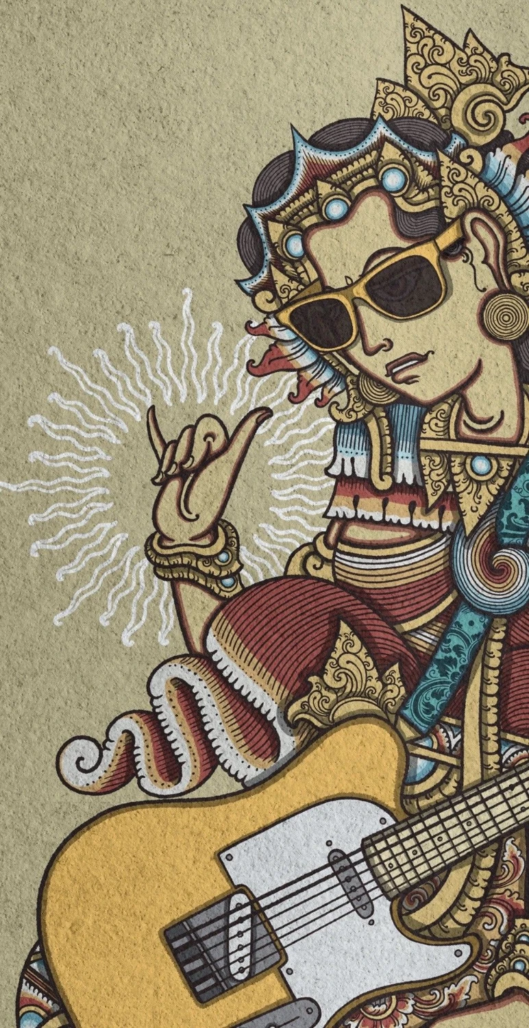 Contemporary illustration of a Balinese wayang figure in sunglasses playing an electric guitar