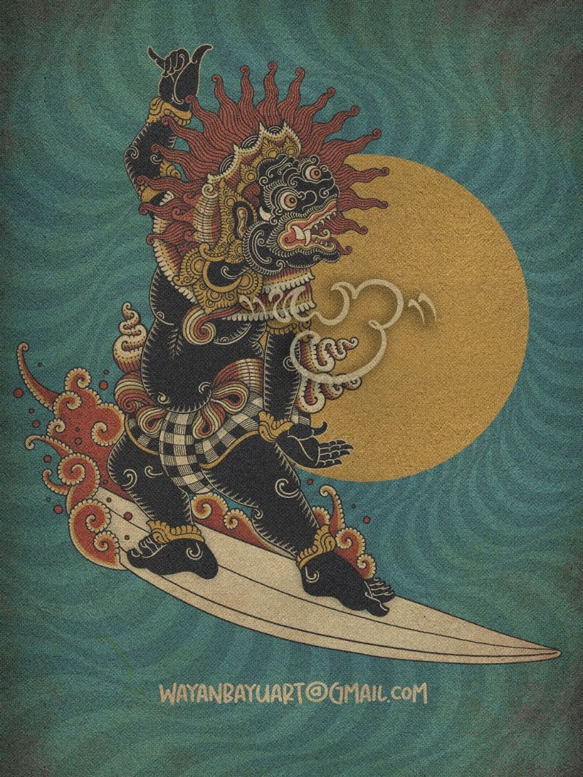 Contemporary Balinese illustration of a wayang figure surfing in a poleng checked cloth